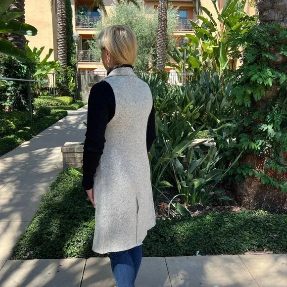 Long Sweater Vest Heather Oatmeal/Beige Open Front With Pockets Sleeveless Soft - Picture 5 of 9